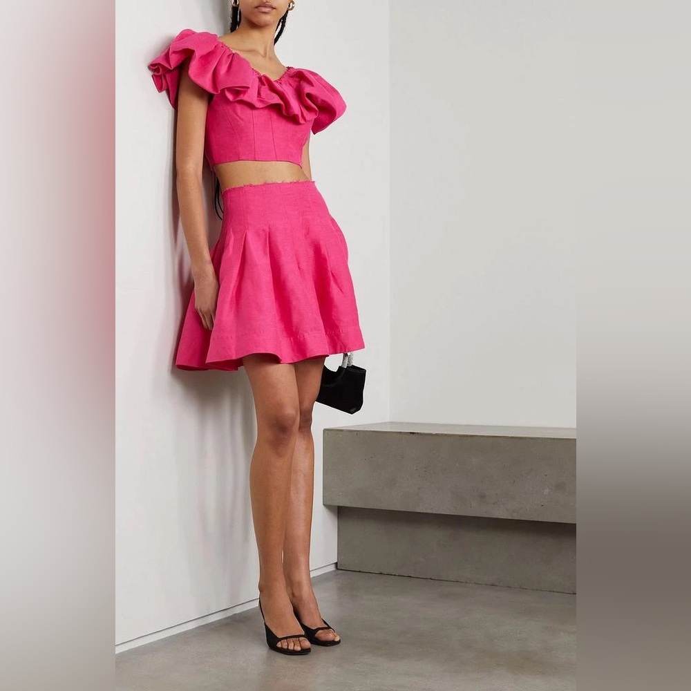 Aje Bubble Flounce Crop Top & Sheila Frayed Pleated Mini Skirt Set in Hot Pink